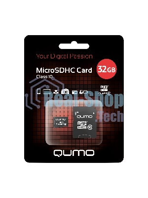 Флеш карта QUMO MicroSDHC 32Gb Сlass 10, адаптер в комплекте SD, черно-красная картонная упаковка