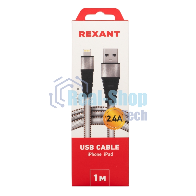 Кабель Rexant USB-Lightning 2.4 A, 1 м, белая нейлоновая оплетка