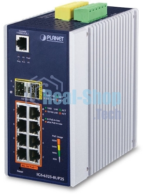 Коммутатор PLANET IGS-6325-8UP2S IP30 DIN-rail Industrial L3 8-Port 10/100/1000T 802.3bt PoE + 2-port 1G/2.5G SFP Full Managed Switch (-40 to 75 C, 8-port 95W PoE++, 802.3bt/PoH/Force modes, dual redundant power input on 48~56VDC terminal block, DIDO, ERPS Ring, 1588 PTP TC, Modbus TCP, ONVIF, Cybersecurity features, Hardware Layer3 OSPFv2 and IPv4/IPv6 Static Routing, supports MQTT, supports 100FX, 1000X and 2.5G SFP)