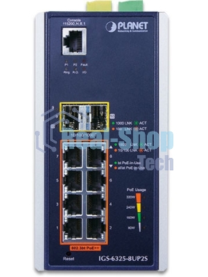 Коммутатор PLANET IGS-6325-8UP2S IP30 DIN-rail Industrial L3 8-Port 10/100/1000T 802.3bt PoE + 2-port 1G/2.5G SFP Full Managed Switch (-40 to 75 C, 8-port 95W PoE++, 802.3bt/PoH/Force modes, dual redundant power input on 48~56VDC terminal block, DIDO, ERPS Ring, 1588 PTP TC, Modbus TCP, ONVIF, Cybersecurity features, Hardware Layer3 OSPFv2 and IPv4/IPv6 Static Routing, supports MQTT, supports 100FX, 1000X and 2.5G SFP)