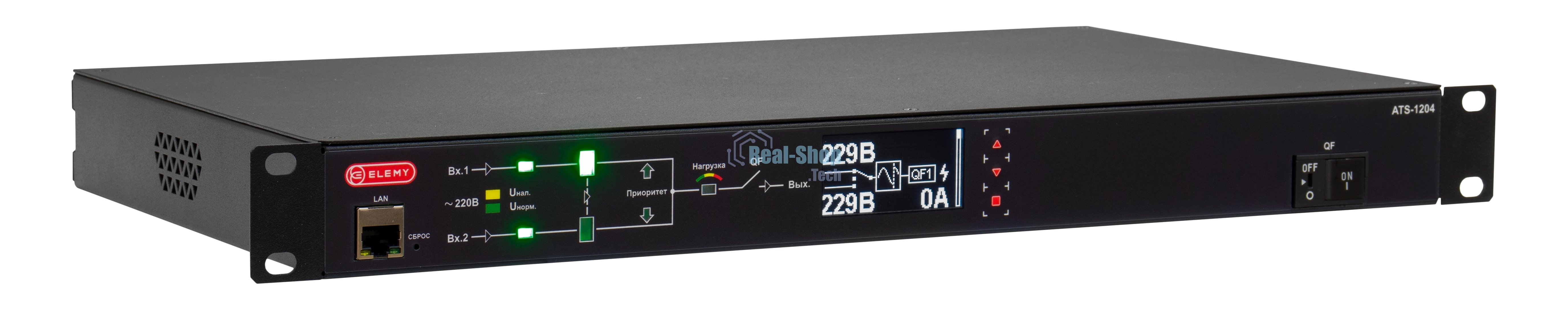 Автоматический ввод резерва ELEMY RACK ATS, 1U, 220В, 16А, OLED, Ethernet, in (2) C20, out (1) C19 (9) C13