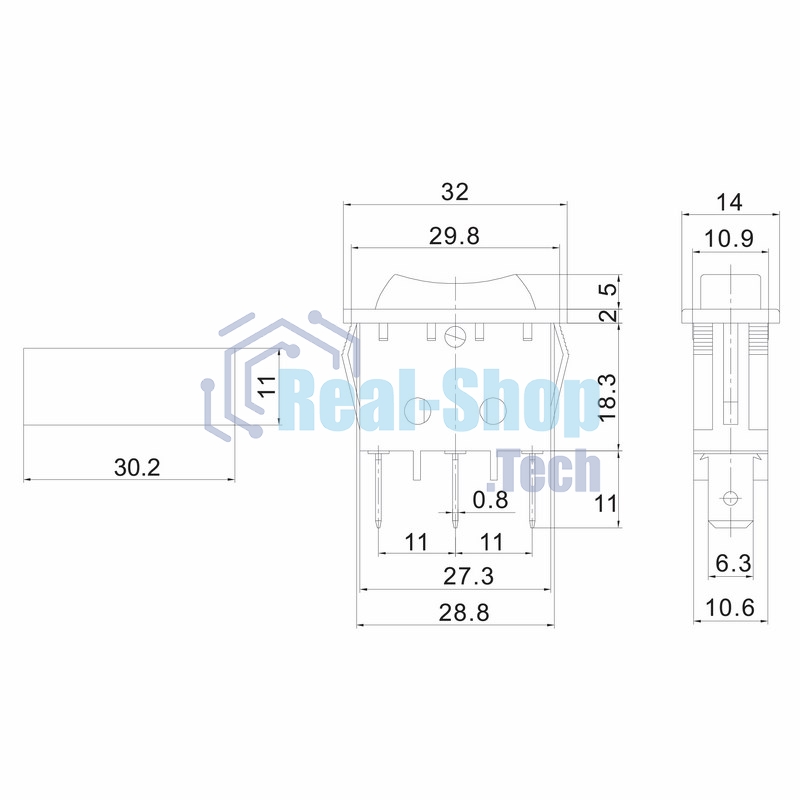 Выключатель клавишный Rexant 250V 10А (3с) ON-OFF-ON черный с нейтралью
