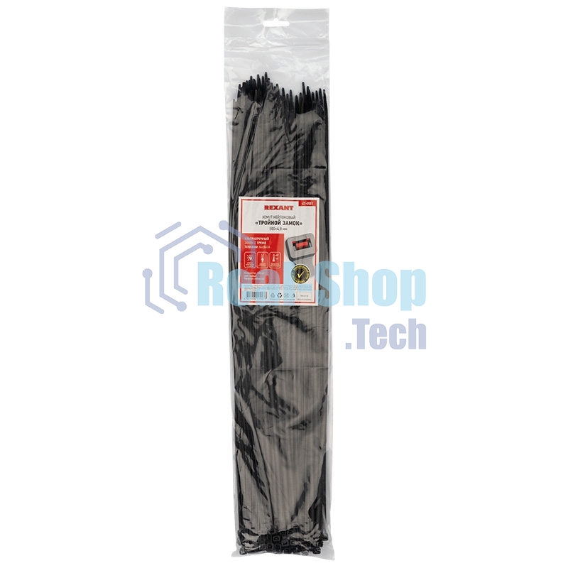 Хомут-стяжкa нейлоновая с тройным замком Rexant 500x4,8 мм, черная, упаковка 100 шт. 67-0501