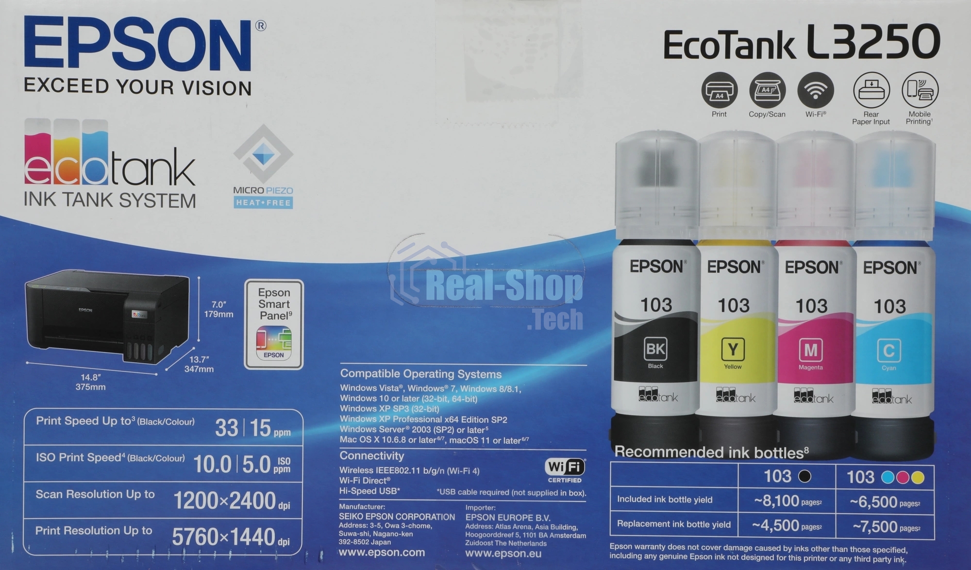 МФУ струйное Epson L3250 (C11CJ67412/C11CJ67418/C11CJ67405/C11CJ67408/C11CJ67503/C11CJ67508/C11CJ67523/C11CJ67525), A4, цветное, печ. до 33 стр/мин. (ч/б) до 15 стр/мин. (цвет), скан. до 11 стр/мин. (ч/б) 28 стр/мин. (цвет), 1440 x 5760 dpi (печать) 1200x2400dpi (скан.), USB, Wi-Fi
