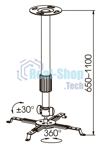 Крепление потолочное Kromax PROJECTOR-300 серый для проектора, 2 ст свободы, наклон 30°, вращение на 360°, от потолка 650-1100 мм, нагрузка до 10 кг
