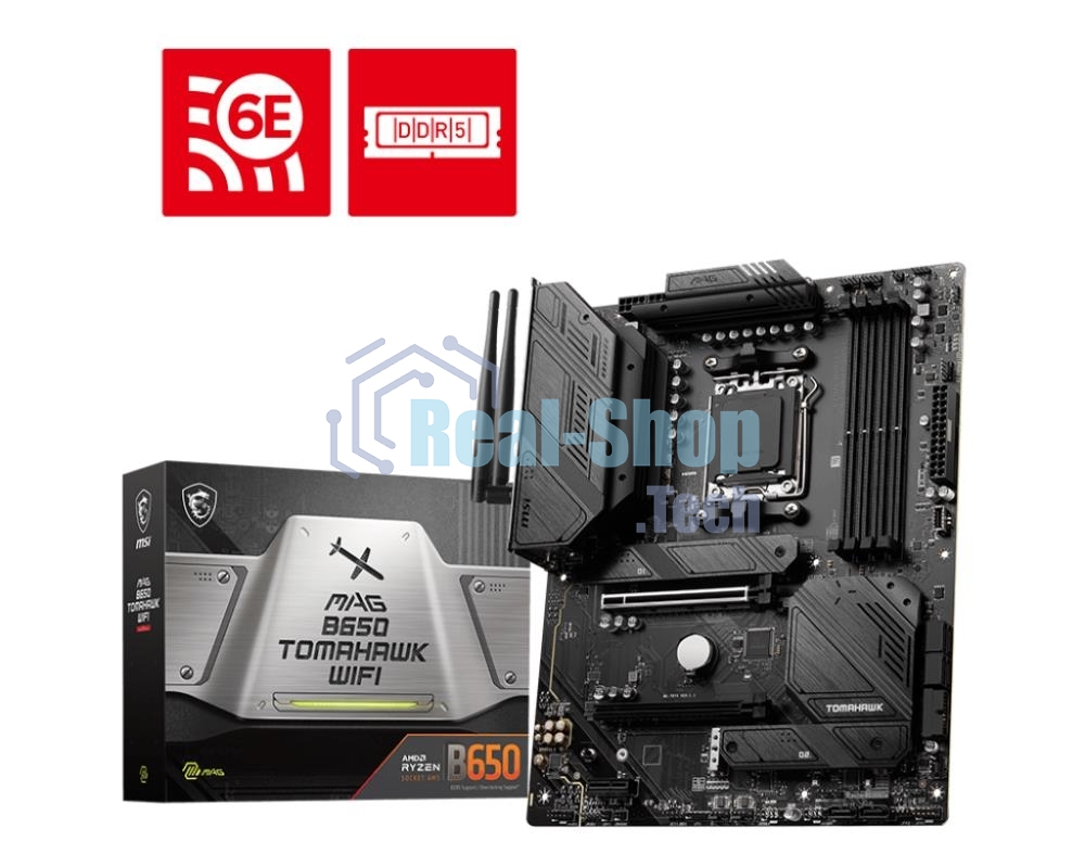 Материнская плата MSI MAG B650 TOMAHAWK WIFI, AM5, AMD B650, 4xDDR5, 6xSATA, 3xM.2, 1xPCI-E 4.0 x16, 1xPCI-E 4.0 x2, 1xHDMI, 1xDisplayPort, 1xUSB Type-C, 1x2.5Gb LAN, 2xUSB-A 2.0, 3xUSB-A 3.2 Gen 1, 3xUSB-A 3.2 Gen 2, 5x3.5 мм, 7.1, Standard-ATX