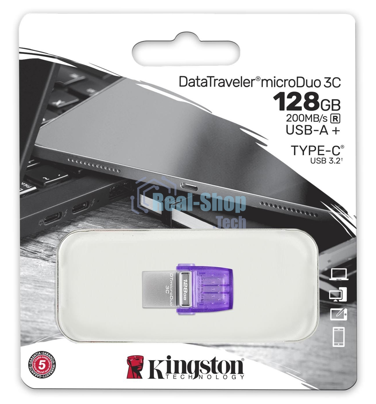 Флешка USB Kingston DataTraveler microDuo 3C (DTDUO3CG3/128Gb), 128Gb, USB 3.2 Gen 1/Type-C, R/W 200/15, фиолетовый