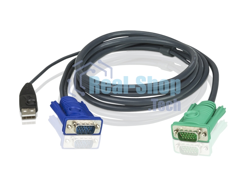 Шнур, мон+клав+мышь USB ATEN, SPHD15=>HD DB15+USB A-Тип, Male-2xMale, 8+4 проводов, опрессованный, 3 метр., черный, (2L-5203U)