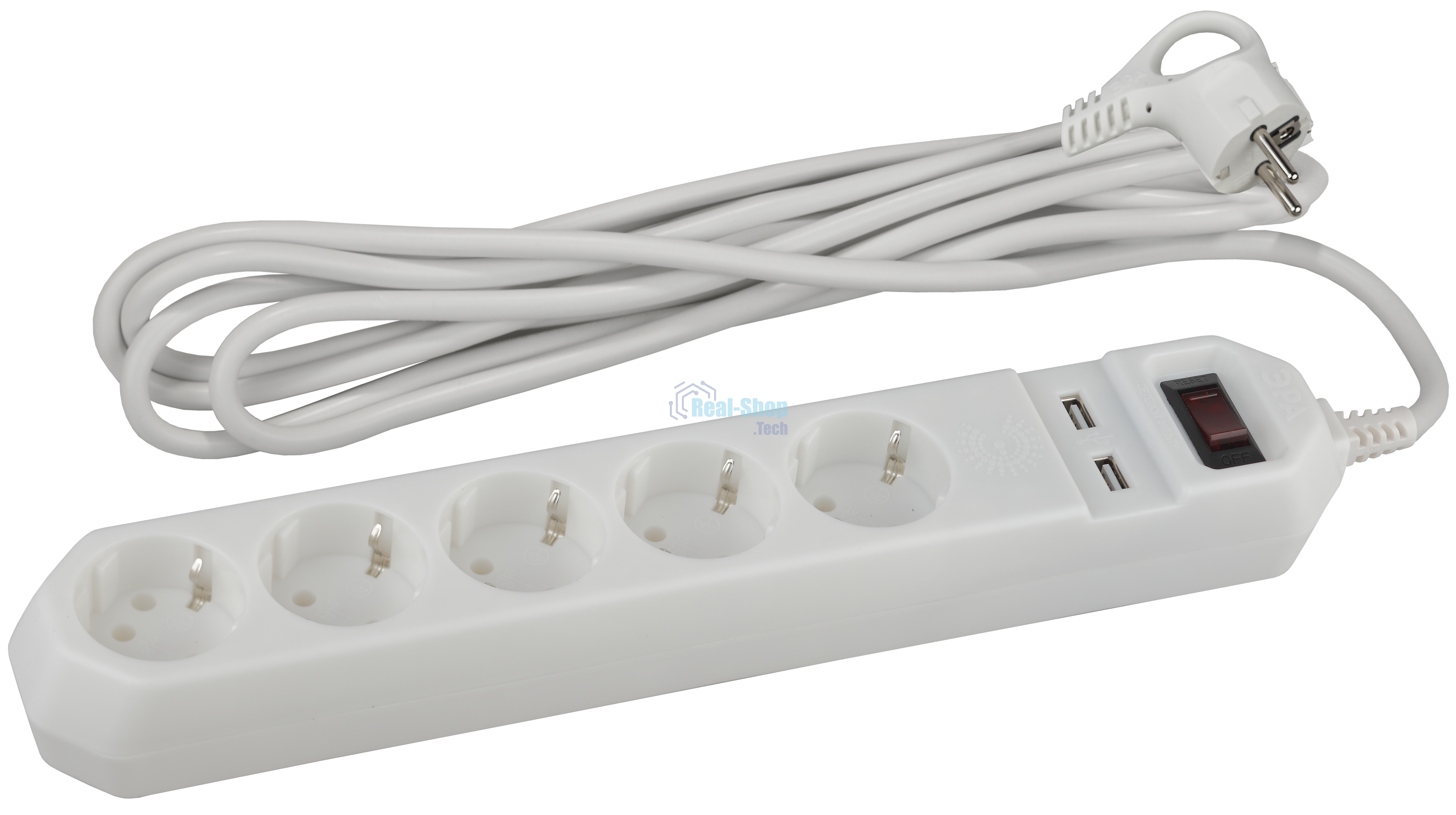 Сетевой фильтр ЭРА белый USF-5es-1.5m-USB-W с заземл 3x0.75мм2 с выкл 5гн+2USB 1.5м