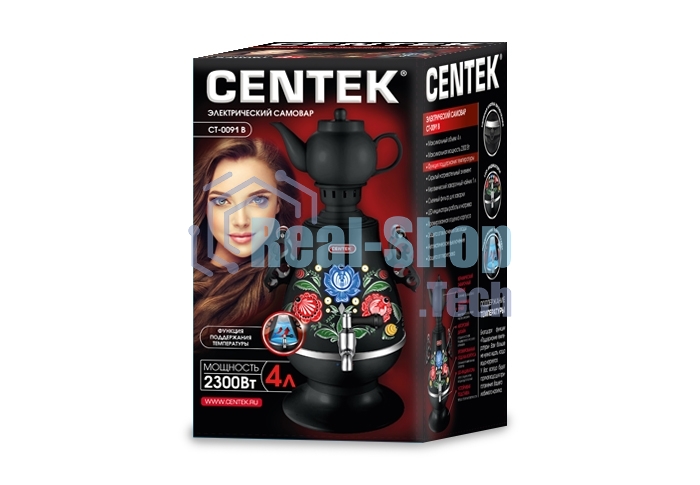 Самовар Centek CT-0091 B (черн+рисунок), 4.0л, 2300 Вт, поддерж.t + LED индикатор, керам заварник