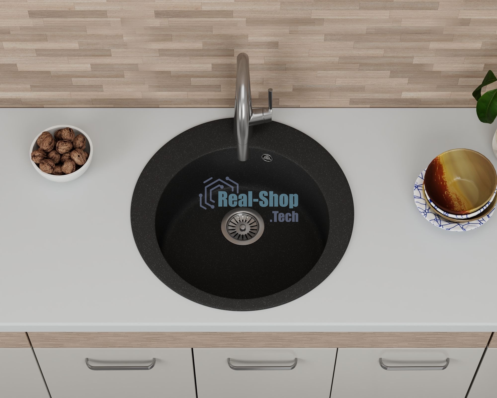 Мойка для кухни BAU Dream Black stone D 50, выпуск с сифоном в комплекте, черный камень