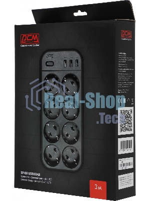 Сетевой фильтр Powercom SP-08 USB03AB 3,0 m 3.0м, 8 розеток, черный, коробка