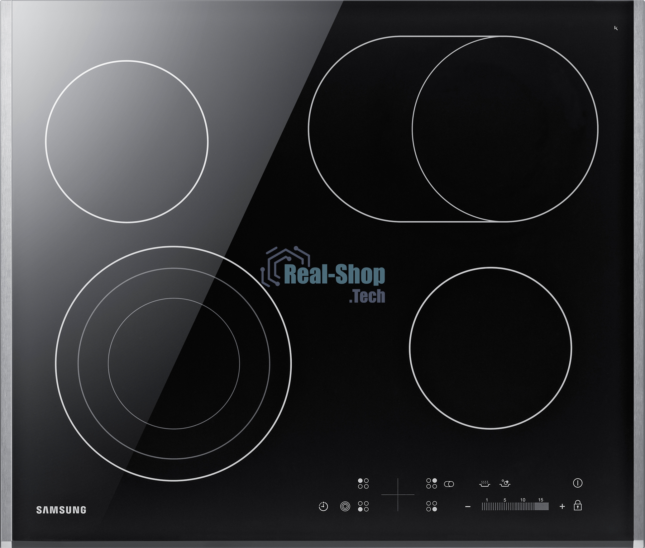 Встраиваемая электрическая панель Samsung NZ64T3536DK/WT 59 x 50.5 x 5.2 см., электронное управление, 15 степеней мощности, автоматическое отключение, защита от детей, блокировка управления, дисплей, 4 конфорки, 2 с зоной расширения, рамка из нержавеющей 