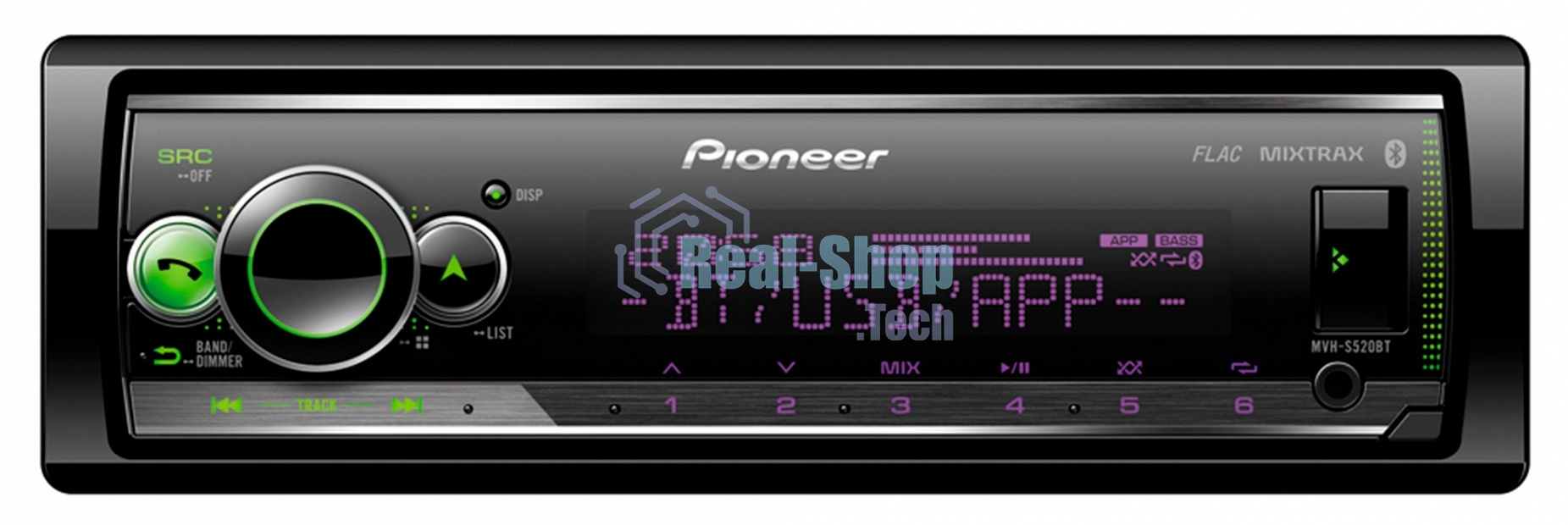 Автомагнитола Pioneer MVH-S520BT, 1 DIN, Bluetooth, USB Type-A, AUX, пульт ДУ, съёмная панель