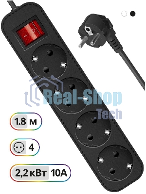 Удлинитель Defender G418 черный, 1.8 м, EURO, 4 розетки, 2200 Вт