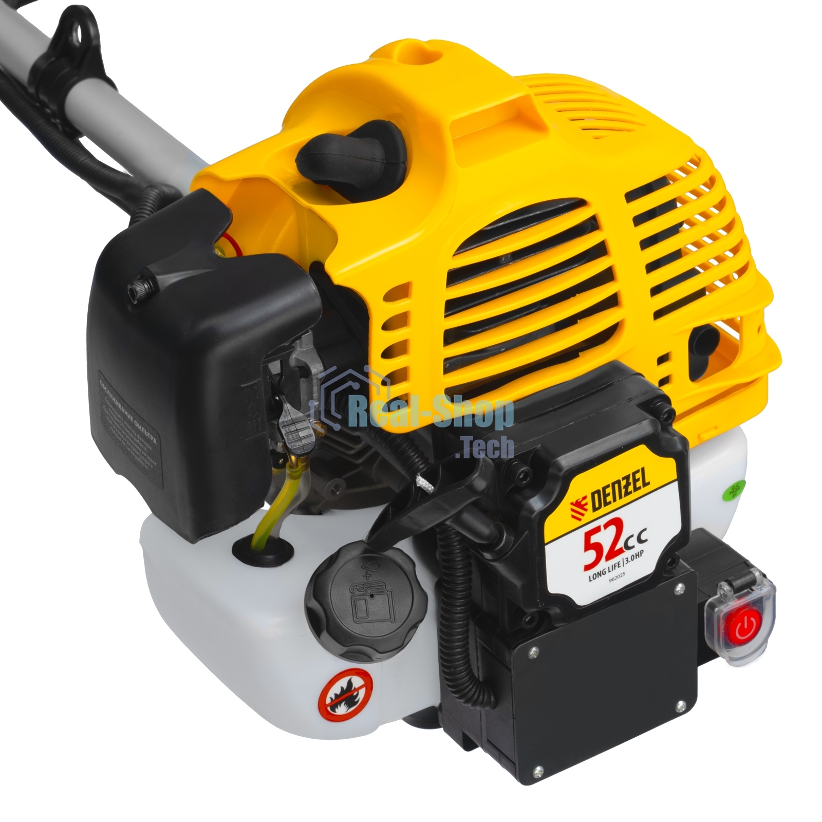 Триммер бензиновый Denzel DT-52E, 52 см3, неразъемная штанга, электростартер, состоит из 2 частей