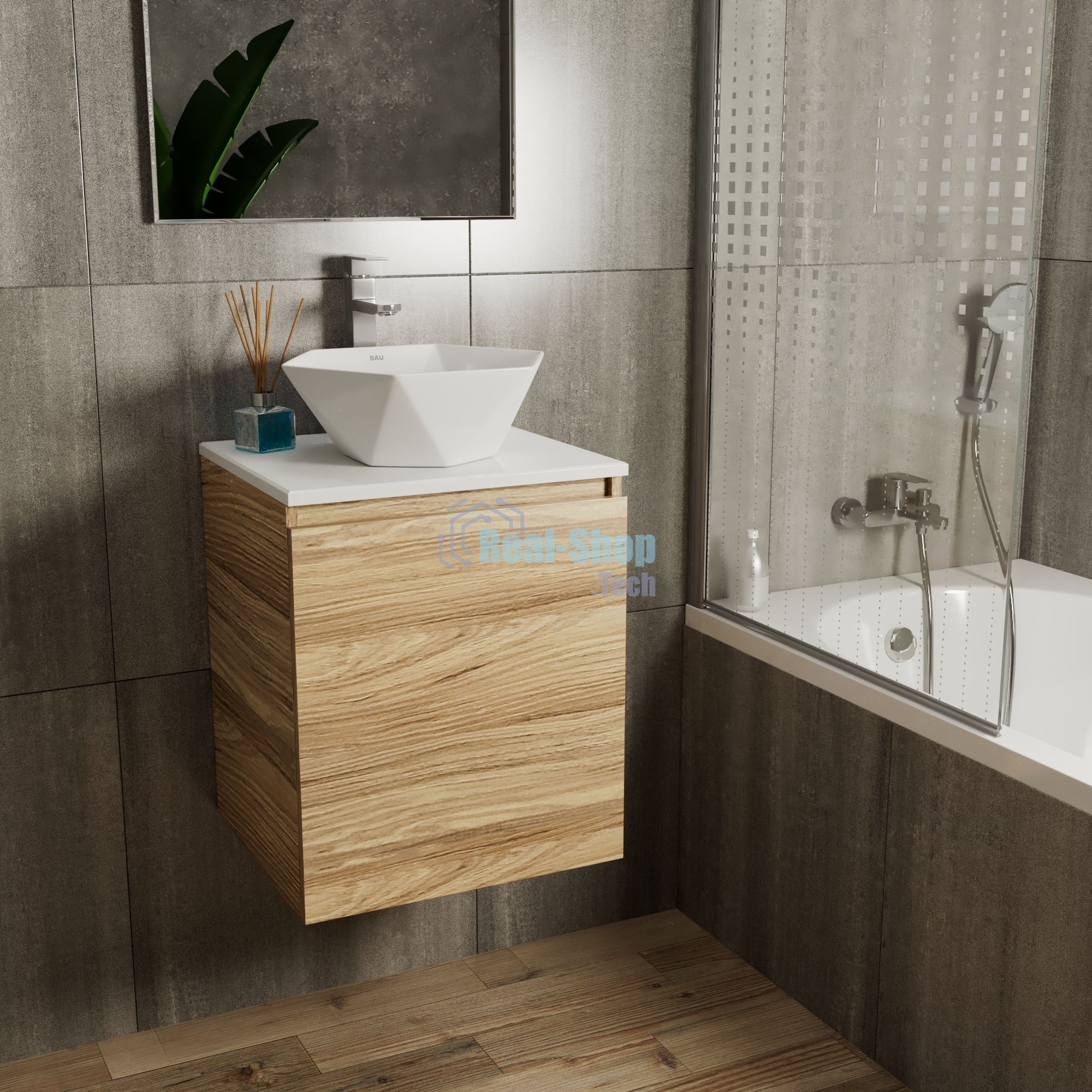 Тумба Bau Dream Blackwood 50 с дверцей, раковина BAU Crystal 40х40, смеситель для раковины высокий Hotel Still, нержавеющая сталь
