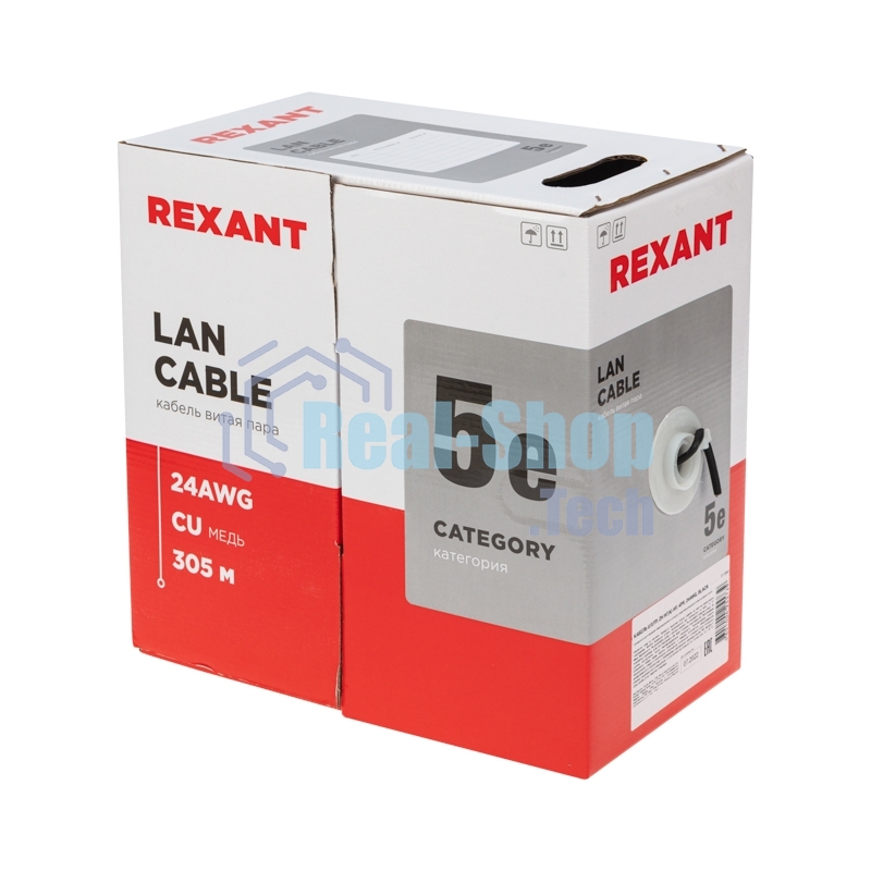 Кабель витая пара Rexant U/UTP, cat.5e, ZH нг(А)-HF, 4PR, 24AWG, внешний, черный, 305 м