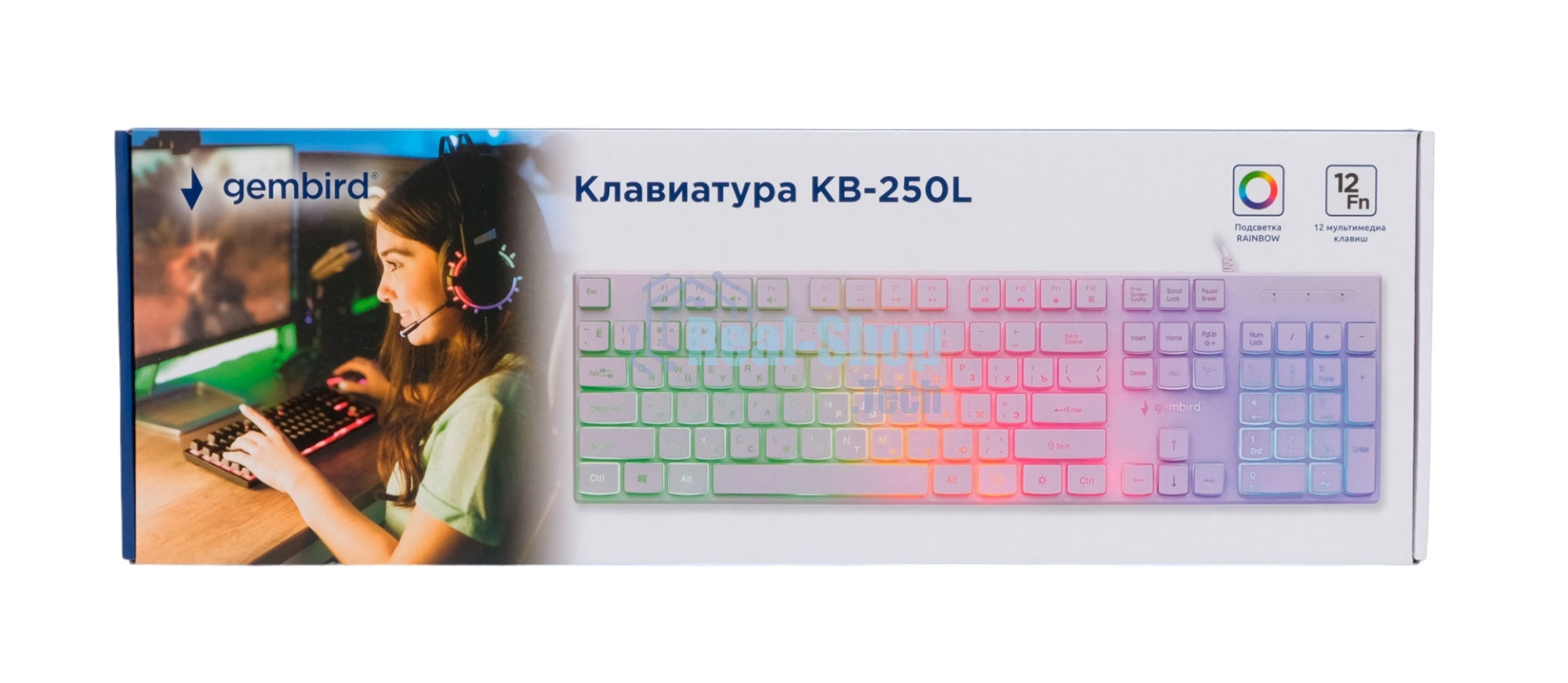 Проводная игровая клавиатура Gembird KB-250L-W, полноразмерная, 104кл, 12Fn, Rainbow, низкий профиль, 1.5м, белая