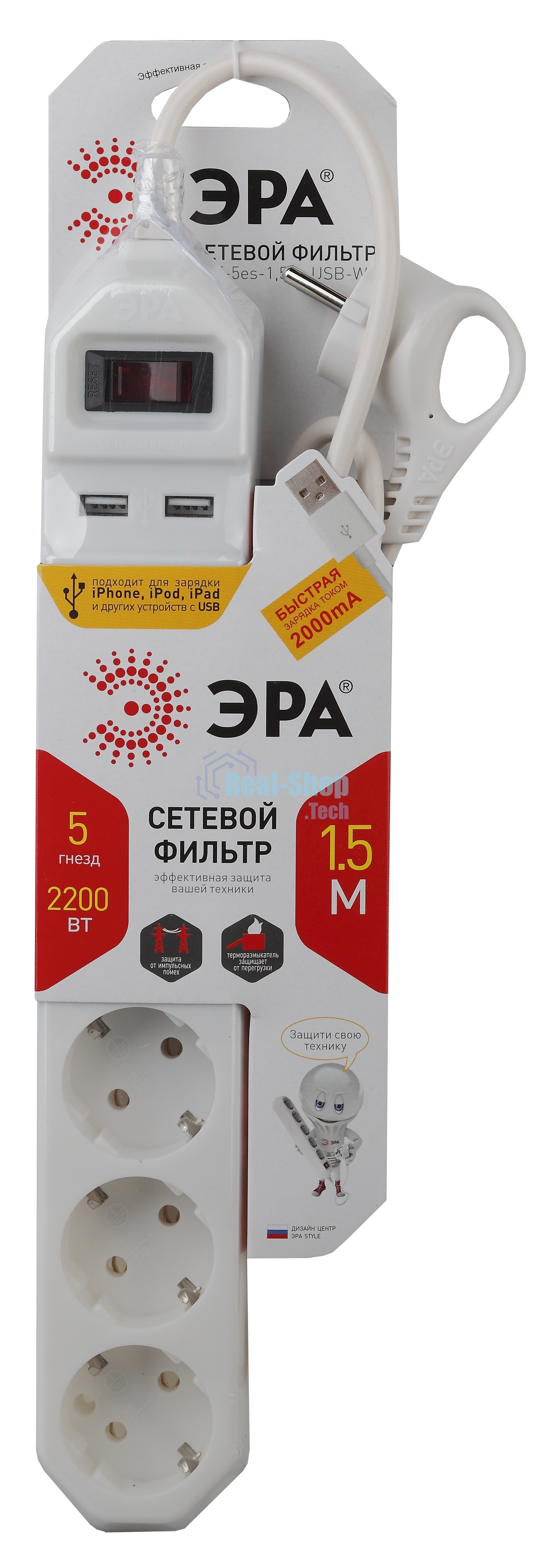 Сетевой фильтр ЭРА белый USF-5es-1.5m-USB-W с заземл 3x0.75мм2 с выкл 5гн+2USB 1.5м